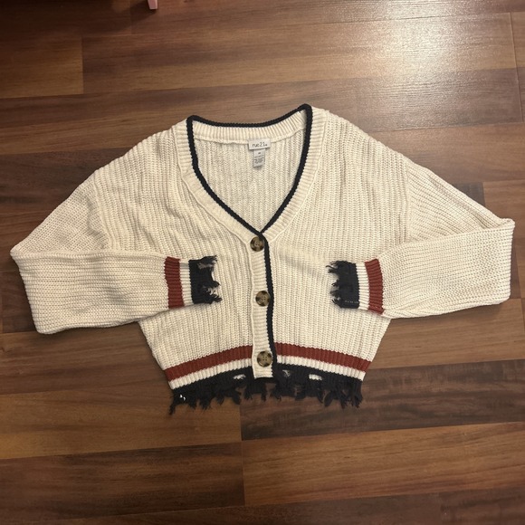 Sweaters - Preppy V Neck‎ Knit Crop Cardigan Distressed Hem University Fall Wardrobe XS